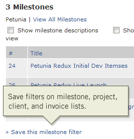 Save filters for milestone, project, client, and invoice lists