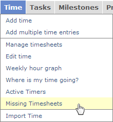 The Missing Timesheets tool is available under the Time tab.