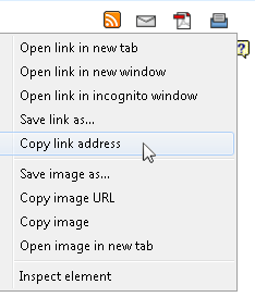 Right-click on the RSS icon and select "Copy link address"