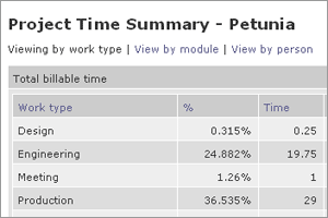 View time summary by work type, module, or person