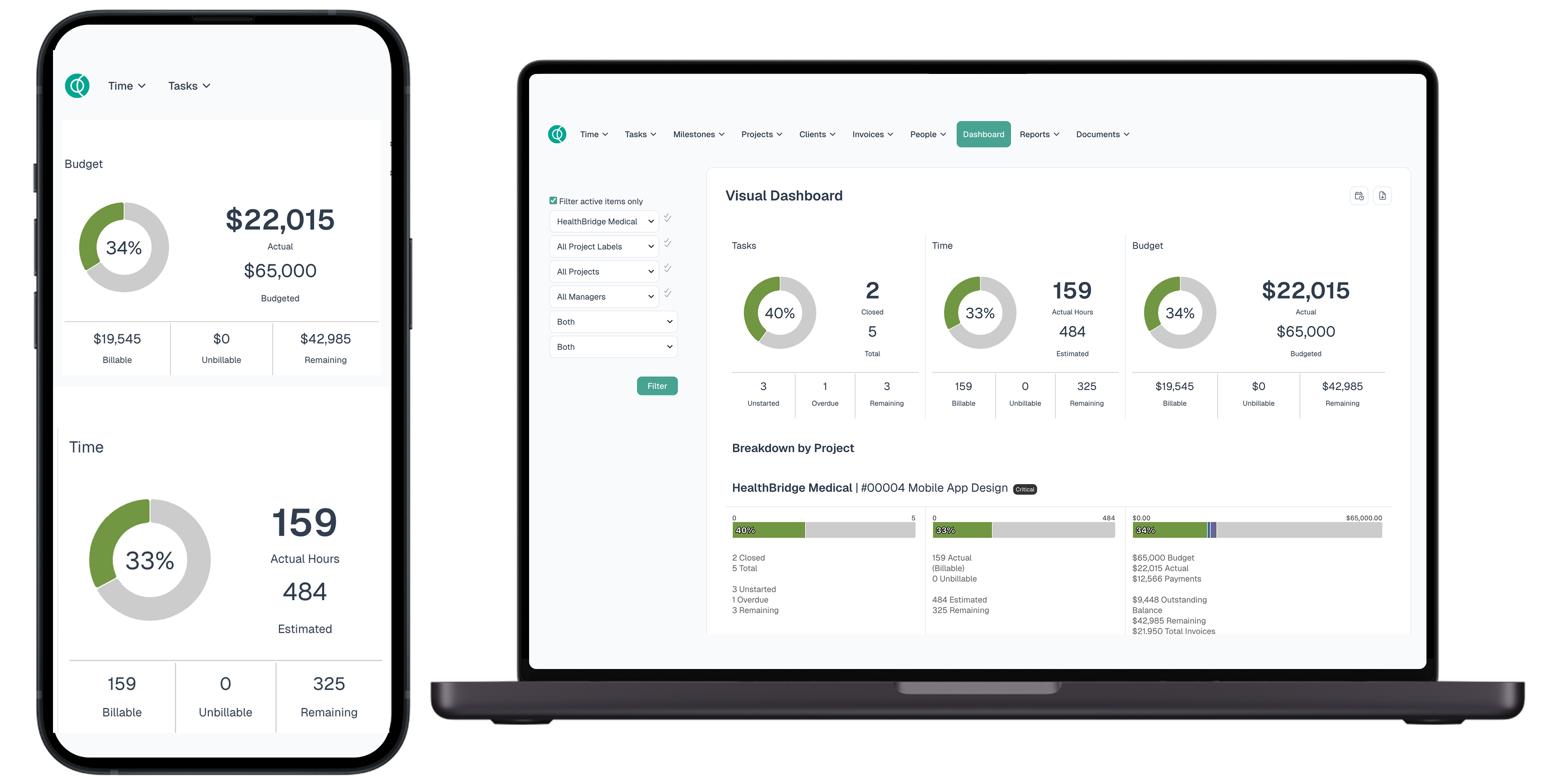 Desktop and mobile apps showing time tracking interface
